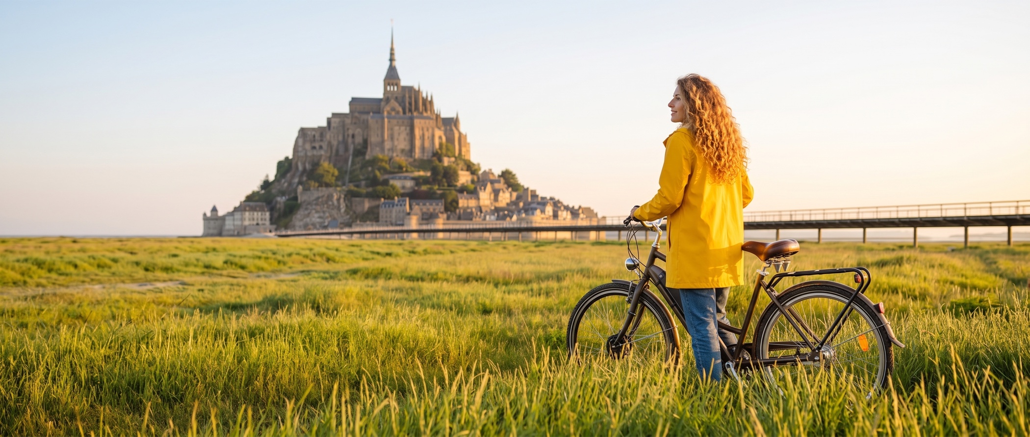 Cycliste devant le Mont Saint-Michel avec son vélo